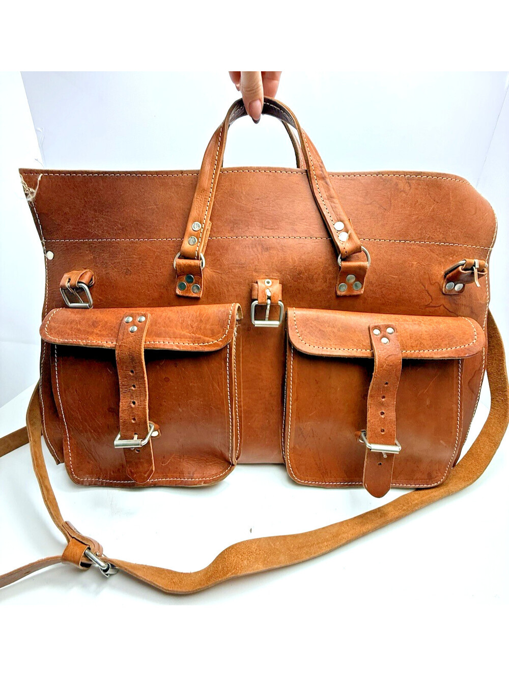 Vtg Handmade Tan Brown Leather Duffel Bag Brown Travel Weekender with Character